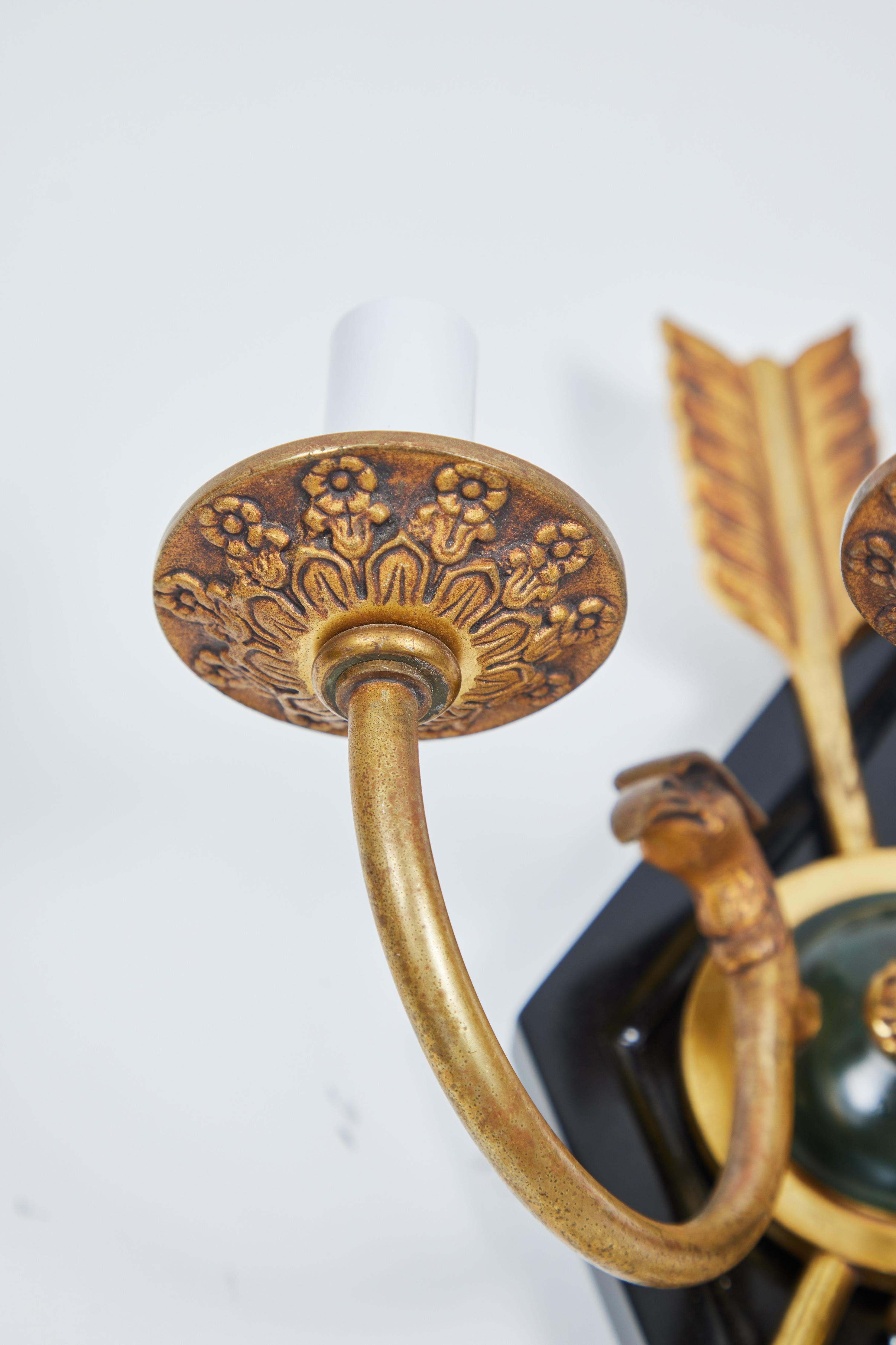 Vintage 3 Arm Sconce with Brass Arrow and Eagle Design In Excellent Condition For Sale In Pasadena, CA