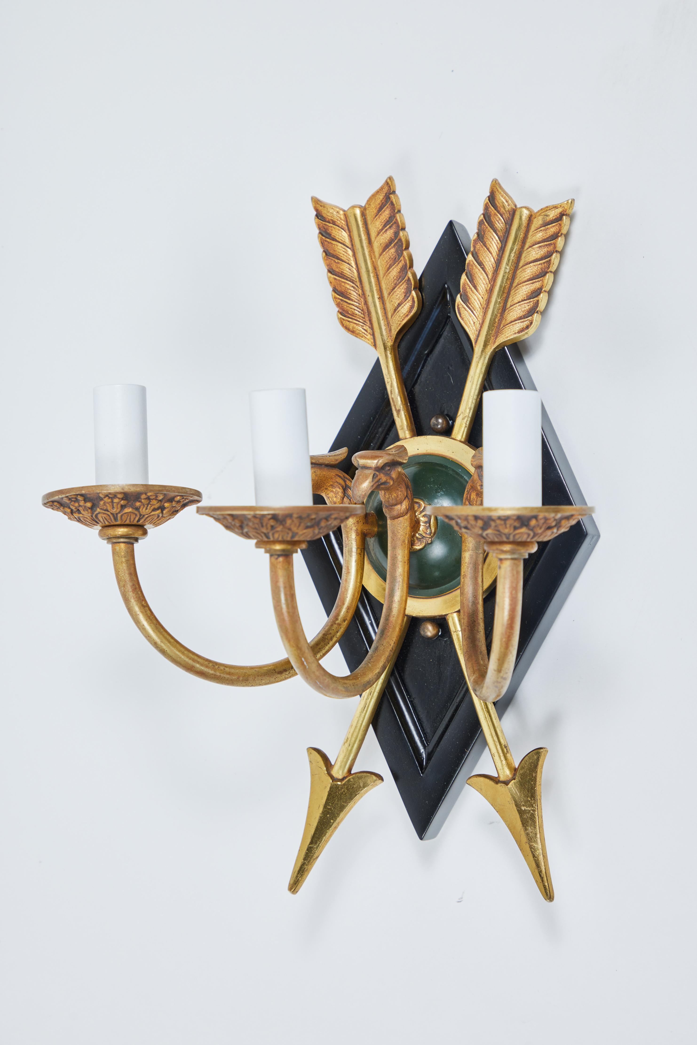 Vintage 3 Arm Sconce with Brass Arrow and Eagle Design For Sale 2