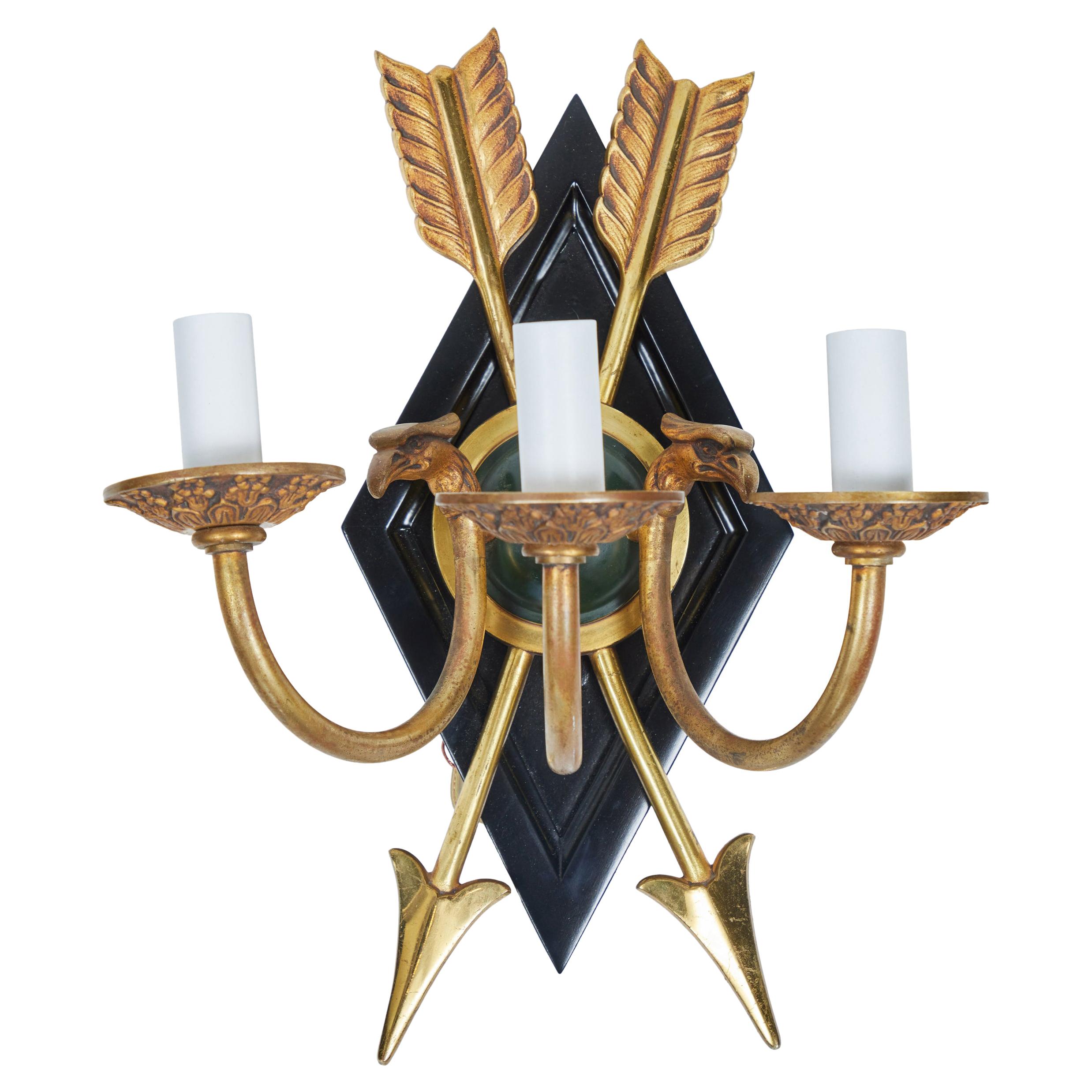 Vintage 3 Arm Sconce with Brass Arrow and Eagle Design For Sale