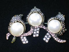 Vintage 3 Bird Chicks Faux Pearl Sparkling Crystal Golden Brooch Pin