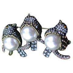 Broche Vintage 3 Oiseaux Poussins Fausses Perles Cristal Etincelant Doré