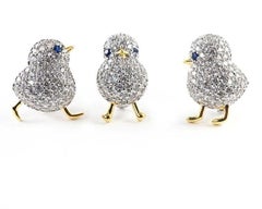 Vintage 3 Bird Chicks Sparkling Crystal Golden Brooch Pins