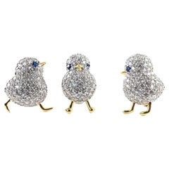 Vintage 3 Bird Chicks Sparkling Crystal Golden Brooch Pins