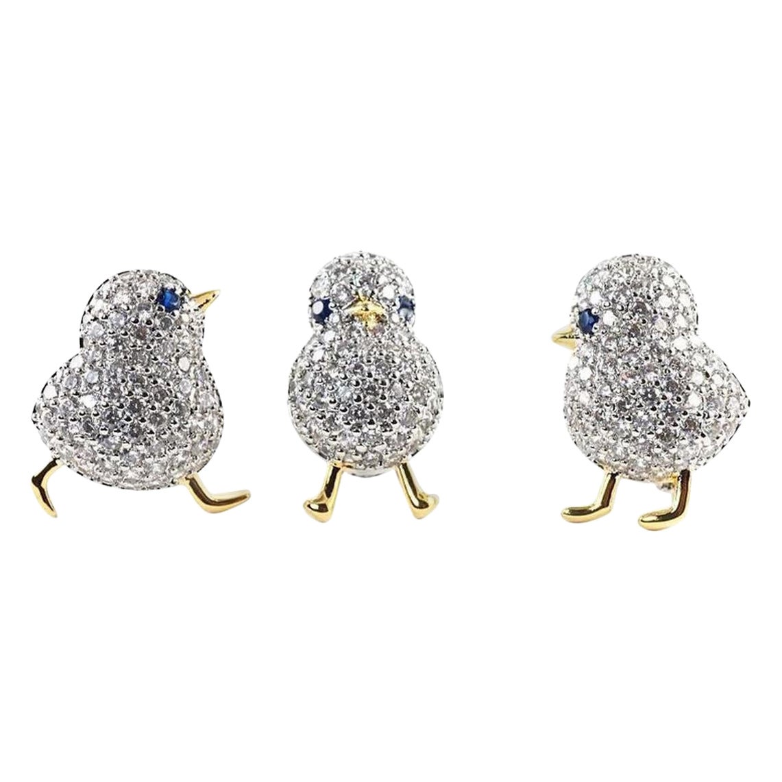 Vintage 3 Bird Chicks Sparkling Crystal Golden Brooch Pins