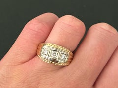 Vintage 3 Brilliant Cut Diamond Band Ring Two Toned 14k Yellow and White Gold