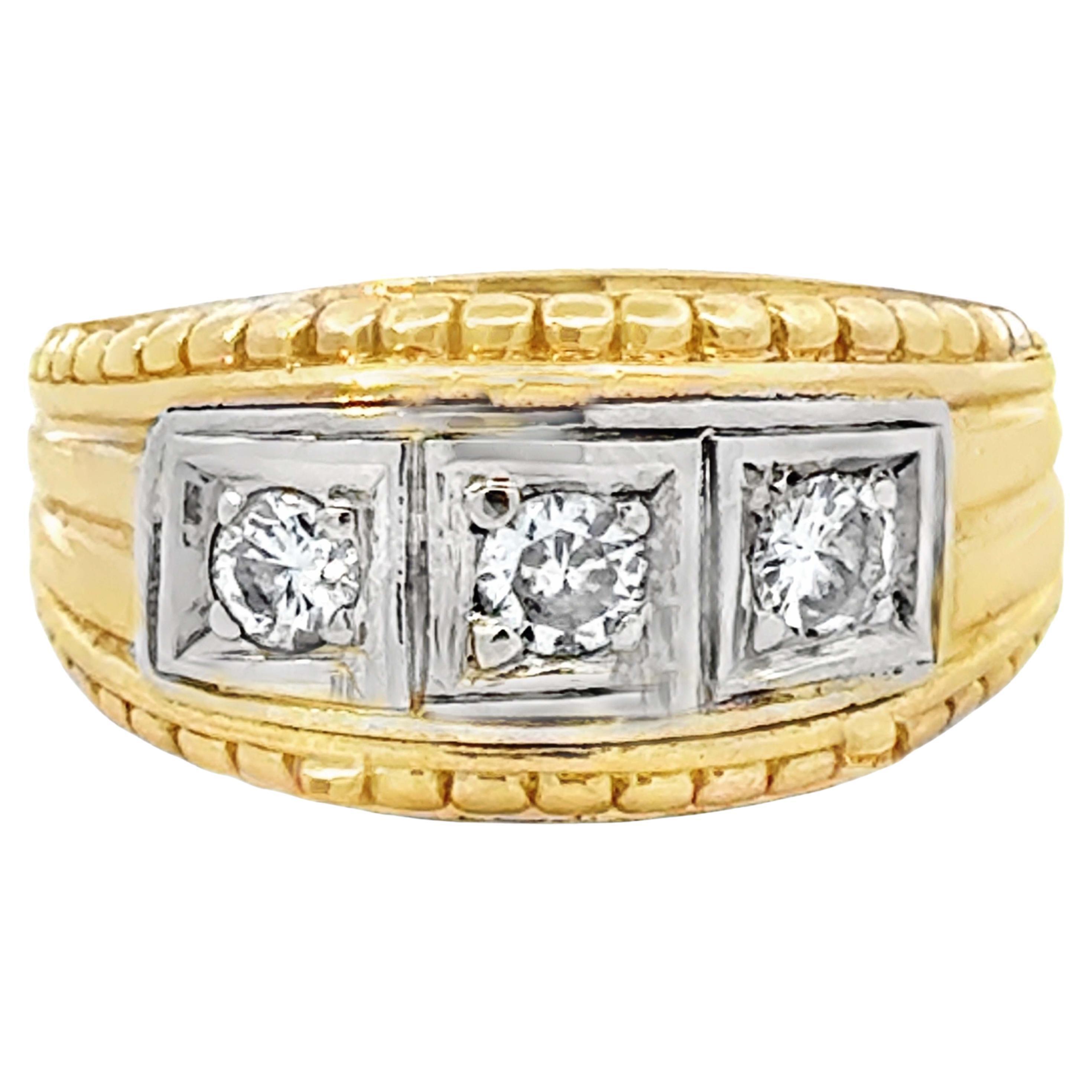 Vintage 3 Brilliant Cut Diamond Band Ring Two Toned 14k Yellow and White Gold
