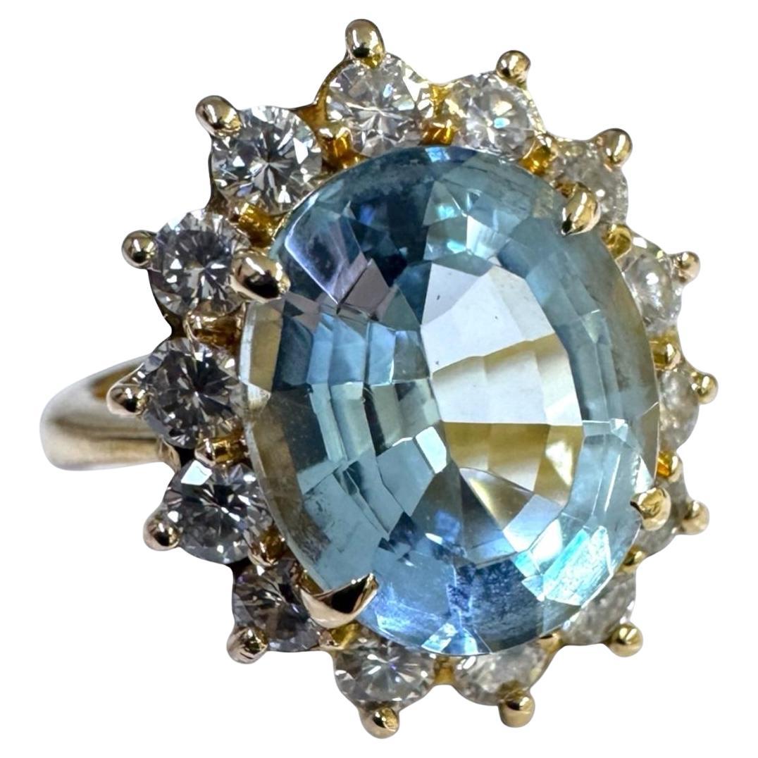 Anello aureola vintage con acquamarina e diamante da 3 carati in oro giallo 18 carati
