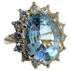 Anello aureola vintage con acquamarina e diamante da 3 carati in oro giallo 18 carati