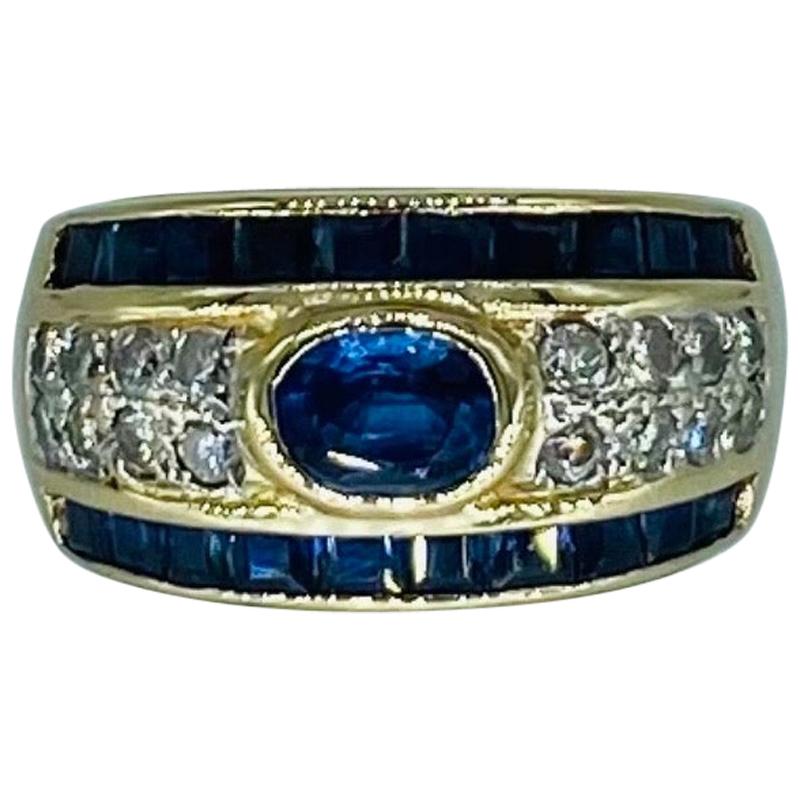 Bague jonc vintage en or 14 carats avec saphirs bleus 3 carats et diamants