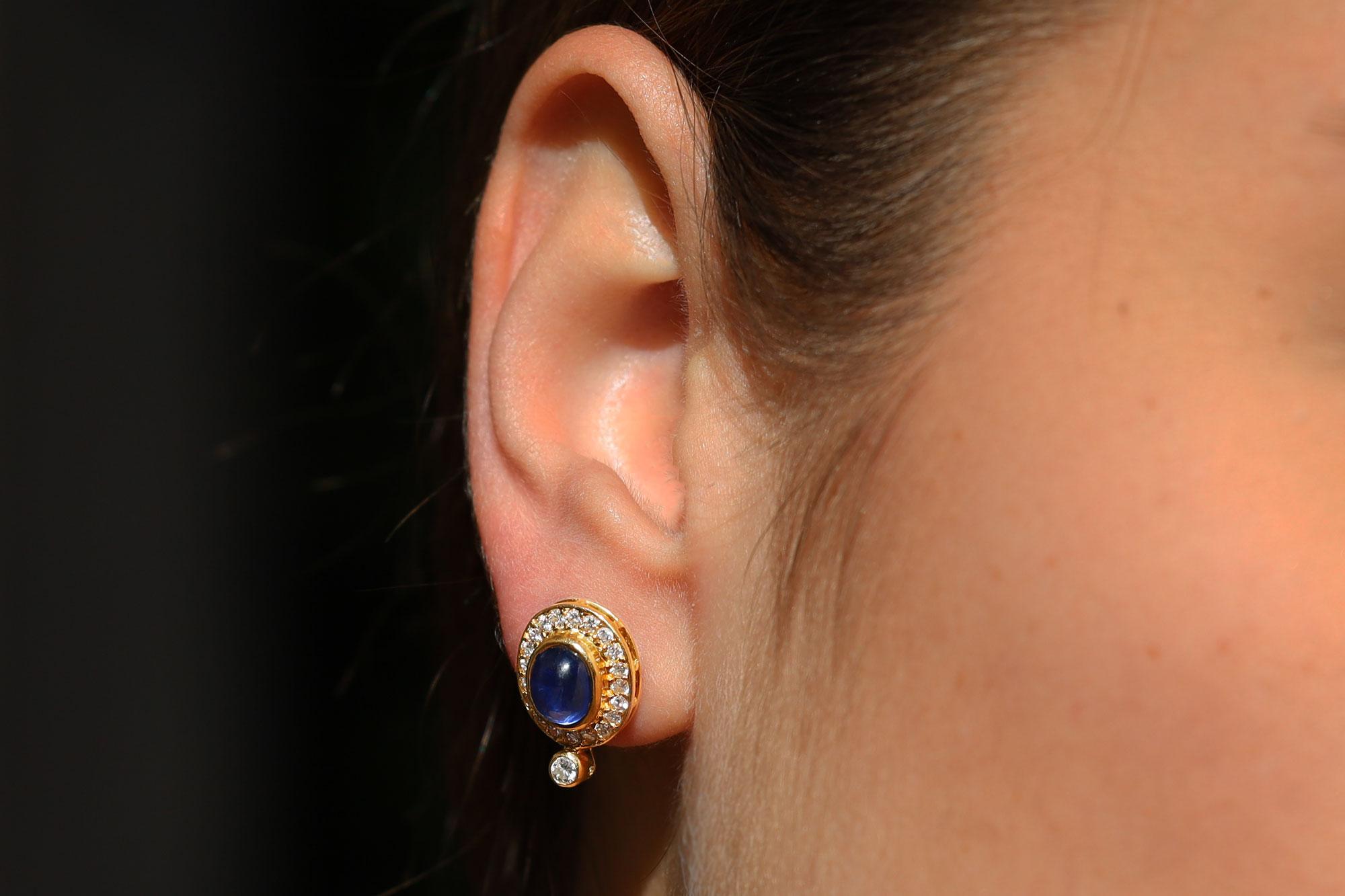 Vintage 3 Carat Cabochon Sapphire and Diamond Earrings In Good Condition For Sale In Santa Barbara, CA