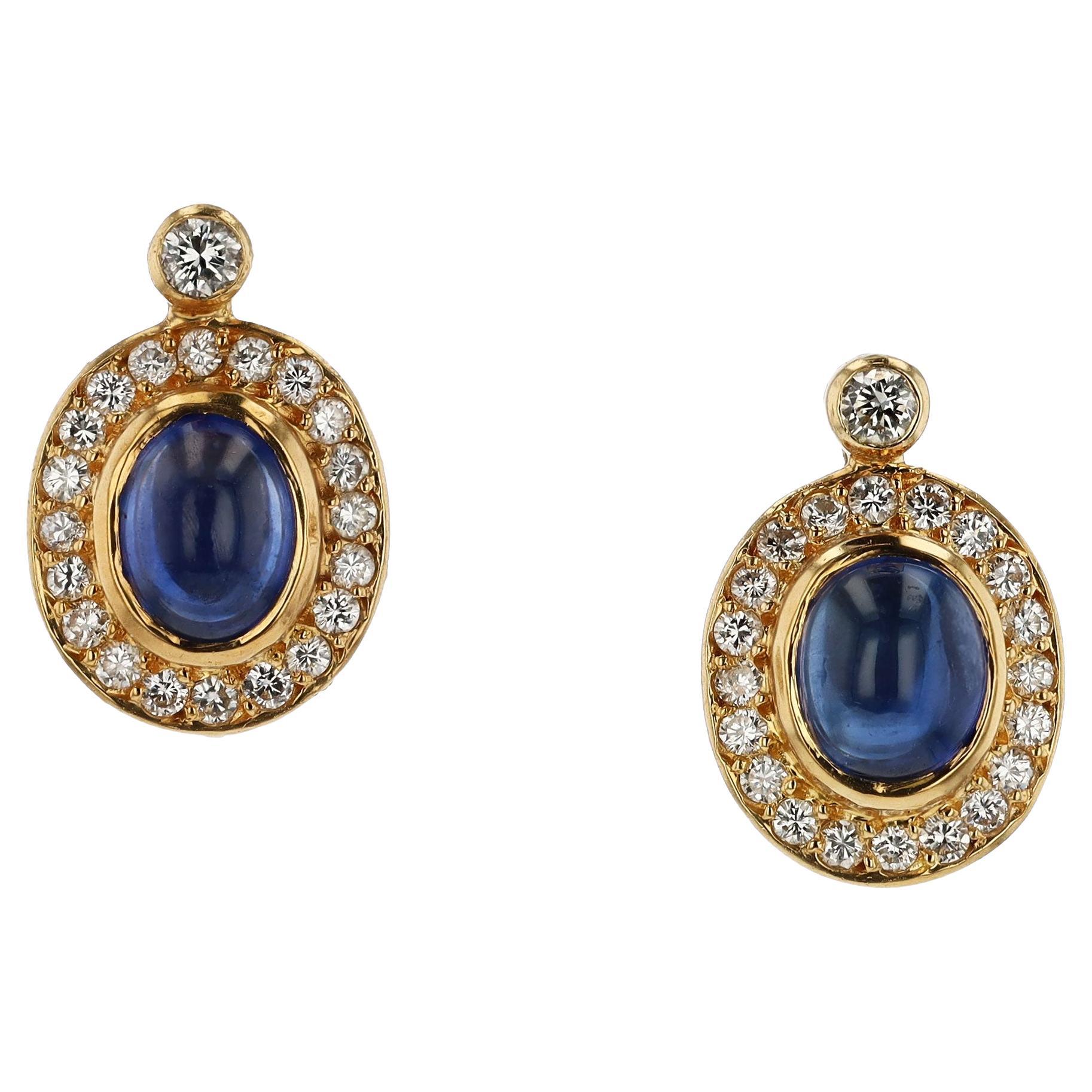 Vintage 3 Carat Cabochon Sapphire and Diamond Earrings For Sale