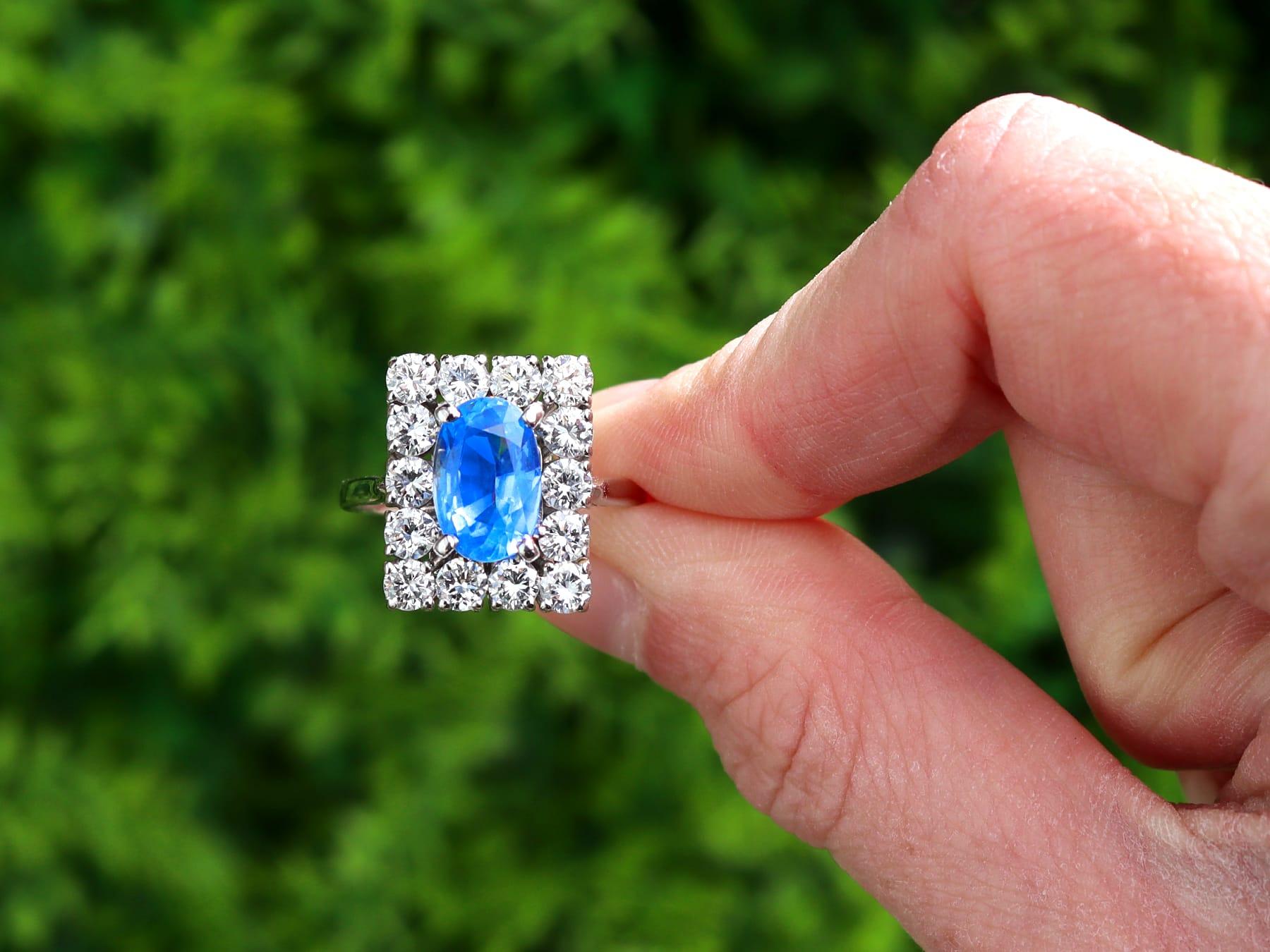 A stunning and impressive vintage French 3 carat Ceylon sapphire and 2.38 carat diamond, 18 carat white gold dress ring; part of our diverse antique estate jewelry collections

This stunning, fine and impressive vintage sapphire and diamond ring has