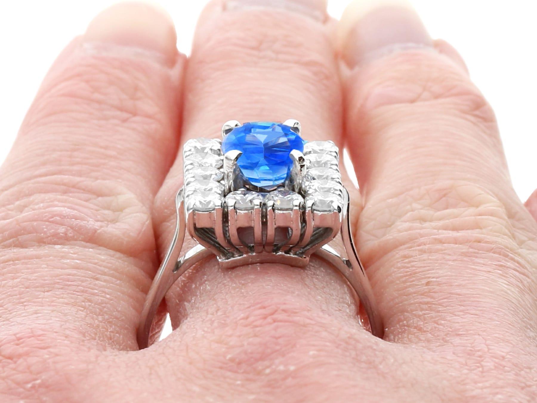 Vintage 3 Carat Ceylon Sapphire and 2.38 Carat Diamond White Gold Cluster Ring For Sale 2