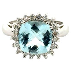 Vintage 3 Carat Cushion Aquamarine and Diamond Gold Halo Ring