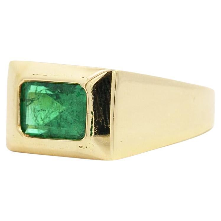 Vintage 3 Carat Emerald-Cut Emerald Bezel Mens Ring in 18K Gold For Sale