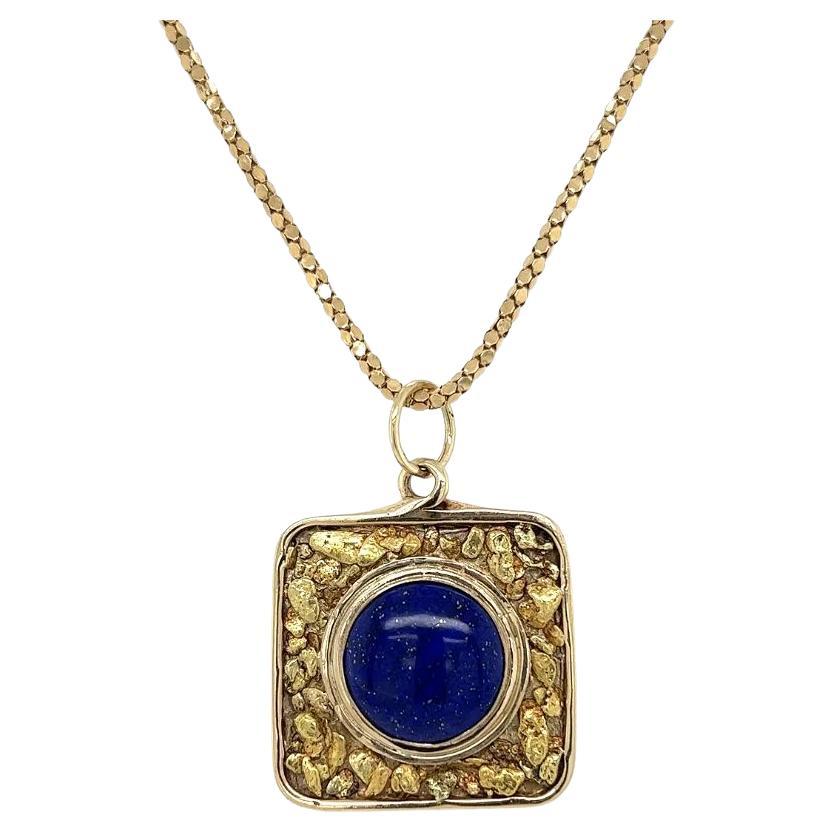 Vintage 3 Carat Lapis Lazuli Square Gold Nugget Pendant Necklace
