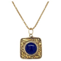 Vintage 3 Carat Lapis Lazuli Square Gold Nugget Pendant Necklace