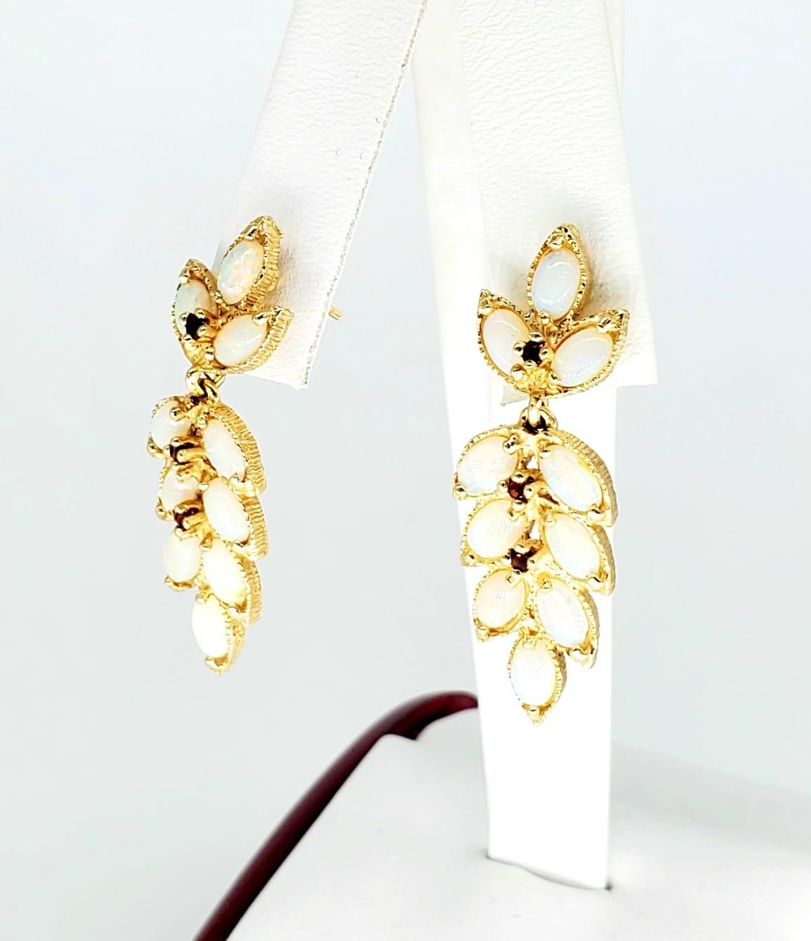 Oval Cut Vintage 3 Carat Opal Leaf Design Dangle Earrings 14 Karat Gold For Sale