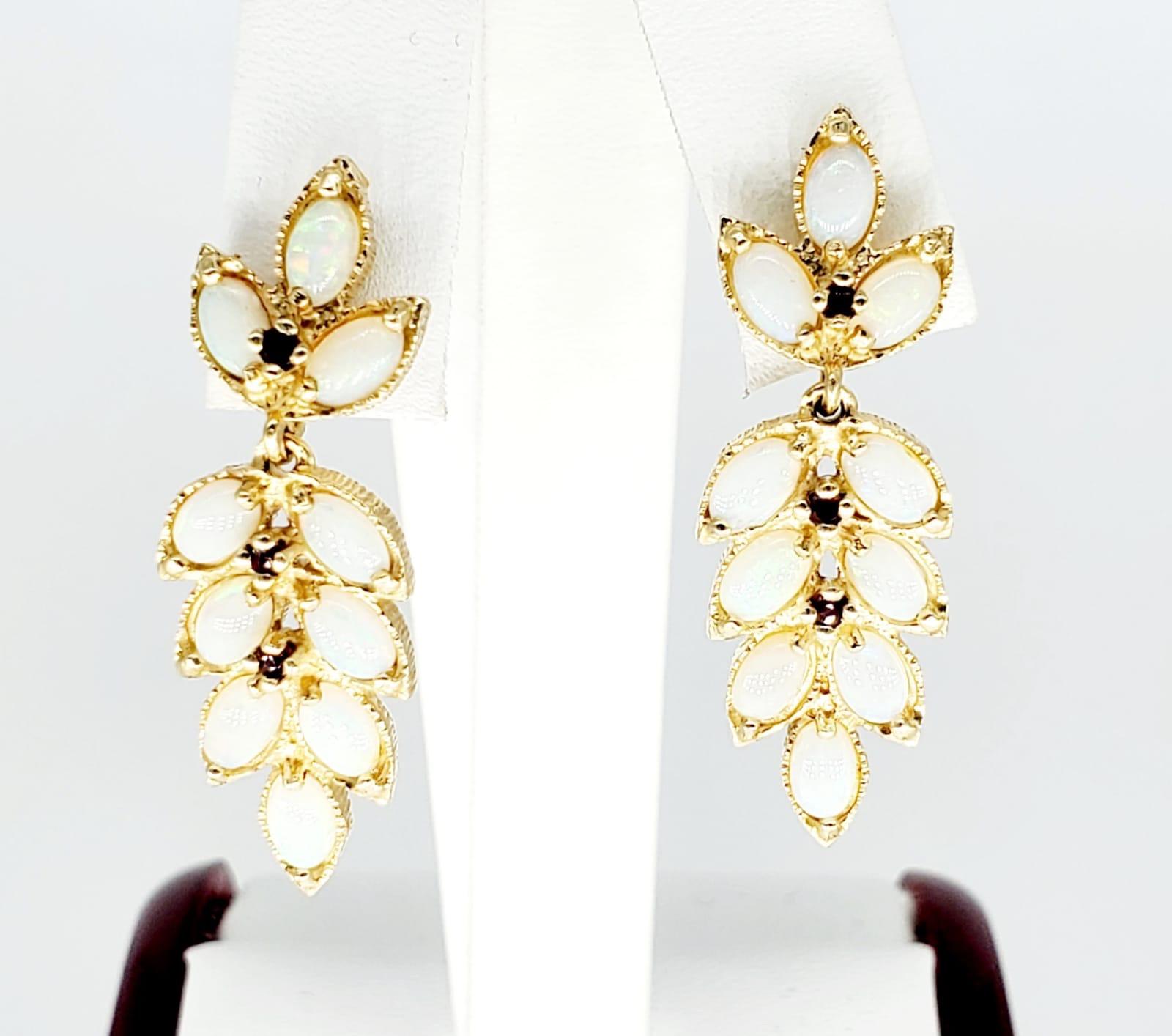 Women's Vintage 3 Carat Opal Leaf Design Dangle Earrings 14 Karat Gold For Sale
