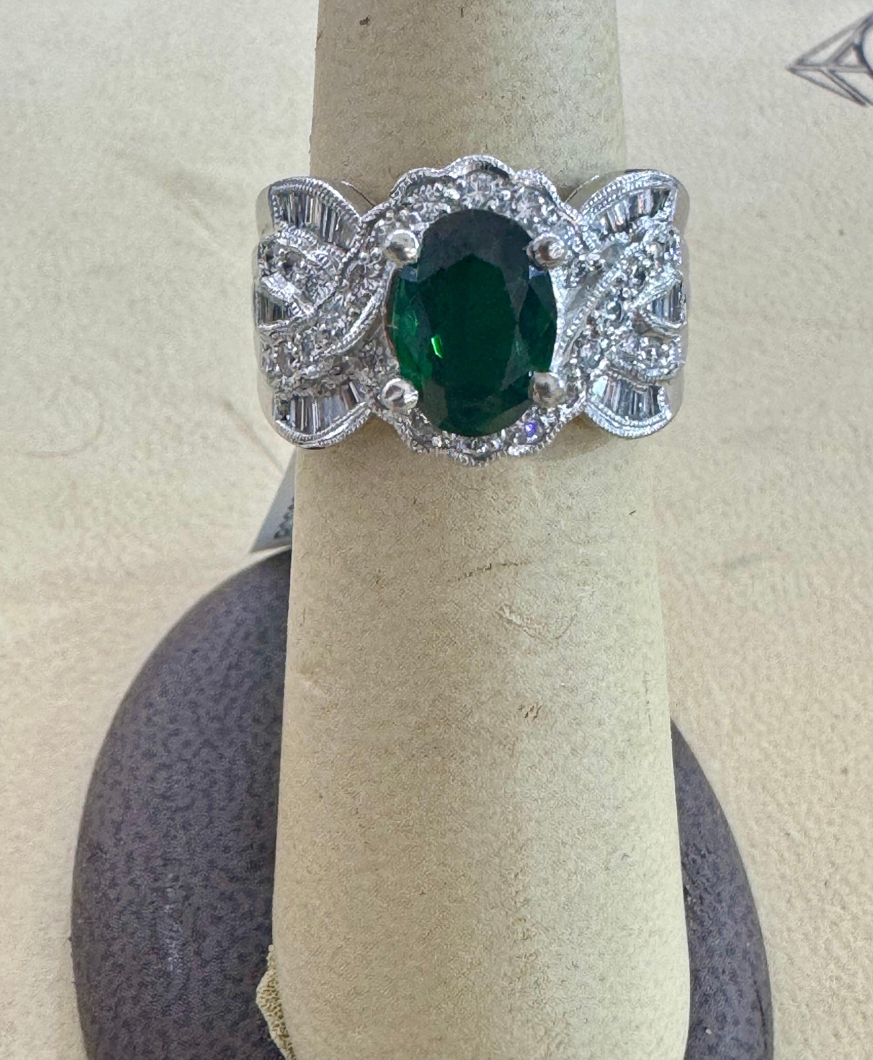 Oval Cut Vintage 3 Carat Oval Tsavorite & 2.2 Carat Diamond Ring , Platinum 16.4Gm Estate For Sale