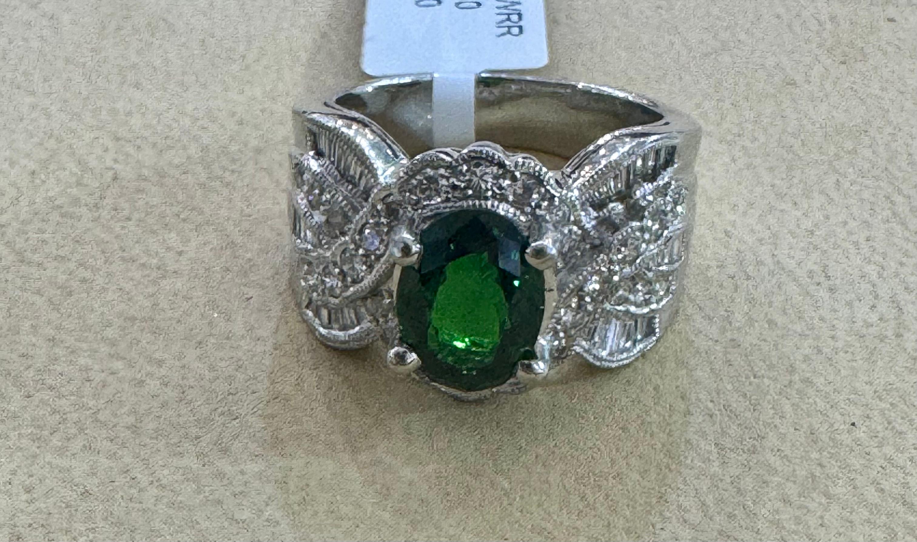 Women's Vintage 3 Carat Oval Tsavorite & 2.2 Carat Diamond Ring , Platinum 16.4Gm Estate For Sale