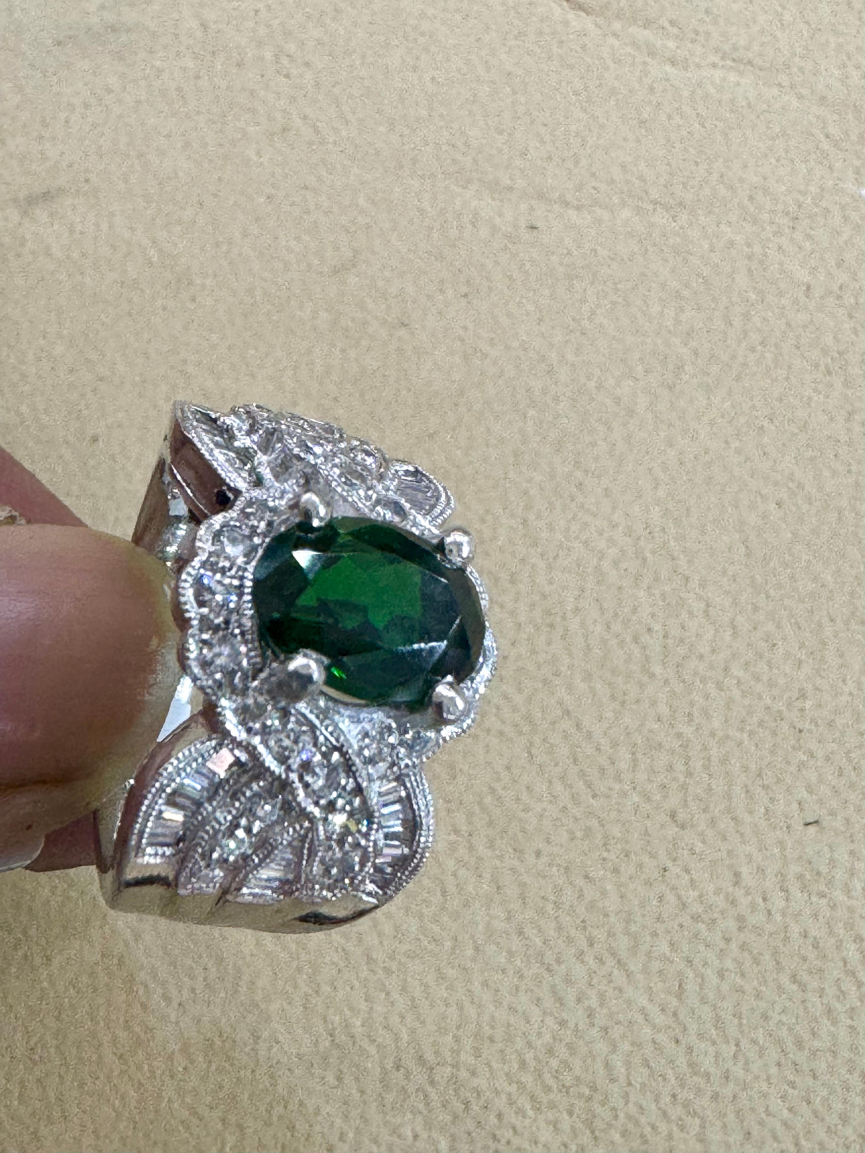 Vintage 3 Carat Oval Tsavorite & 2.2 Carat Diamond Ring , Platinum 16.4Gm Estate For Sale 2