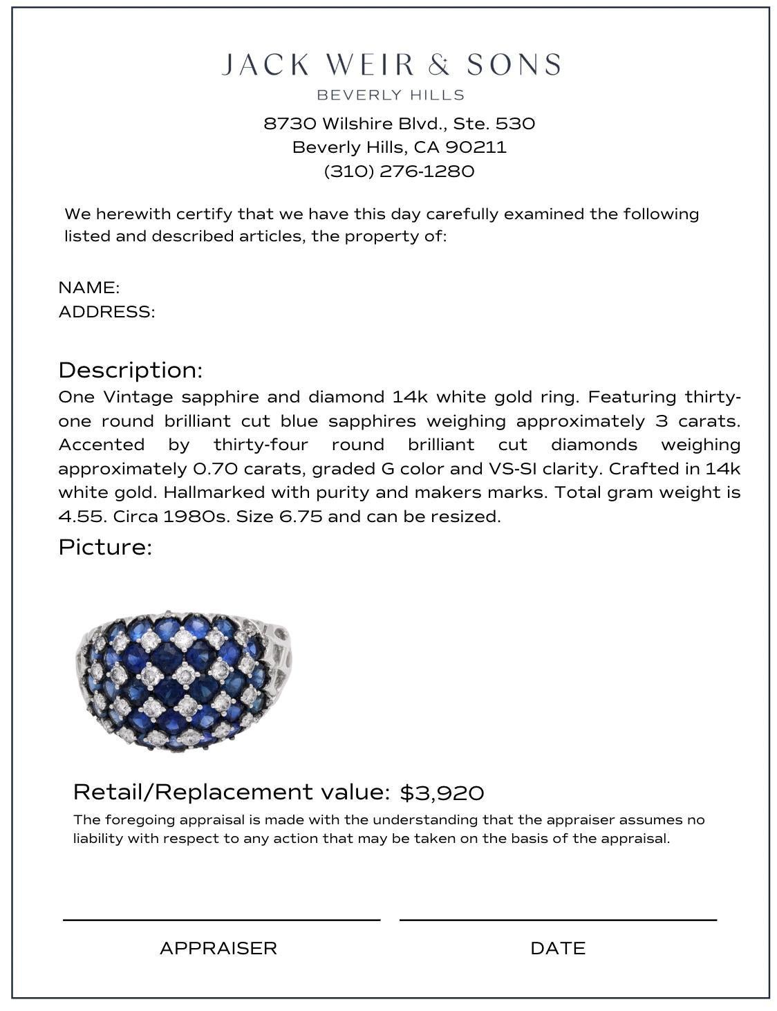 De las mujeres Vintage 3 carat sapphire diamond 14k white gold ring en venta