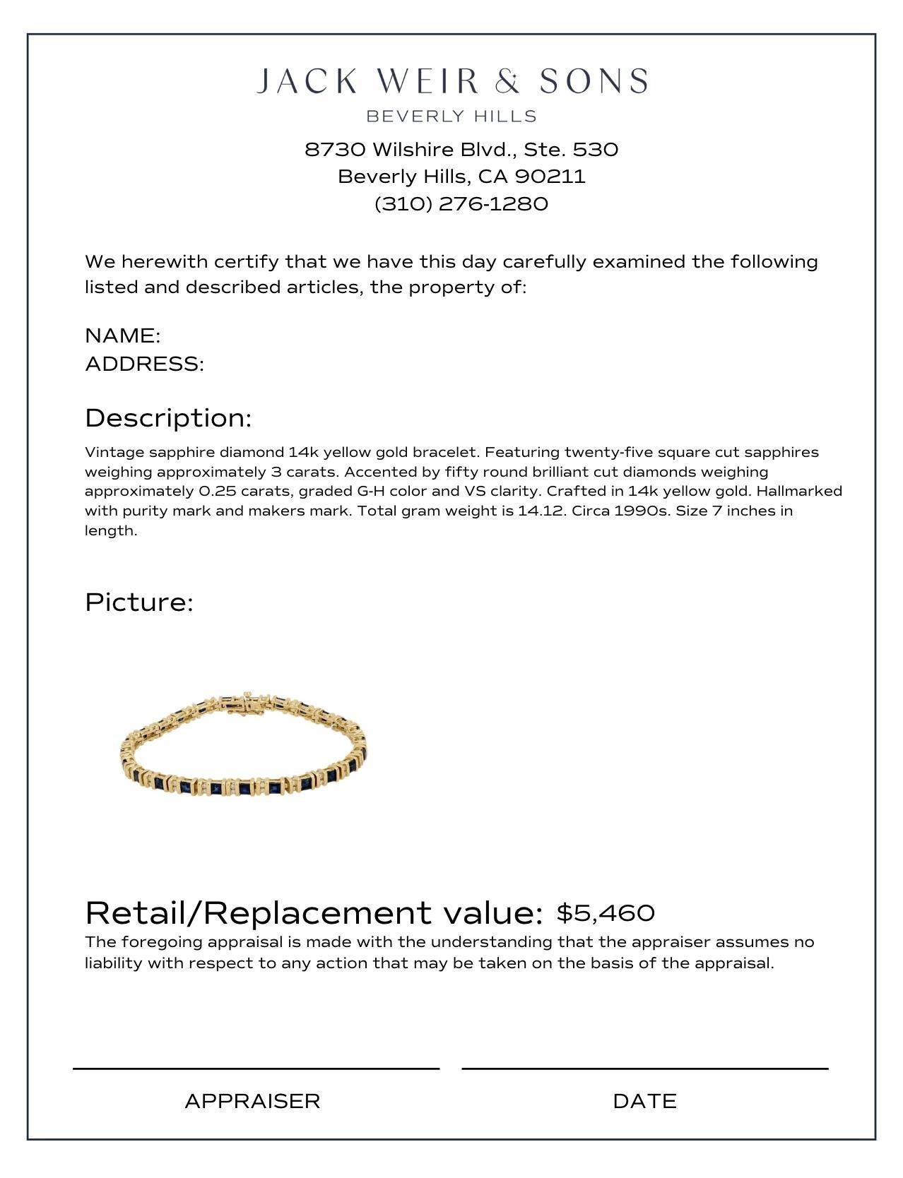 Pulsera de tenis vintage de oro amarillo de 14k con zafiro y diamante de 3 quilates Moderno