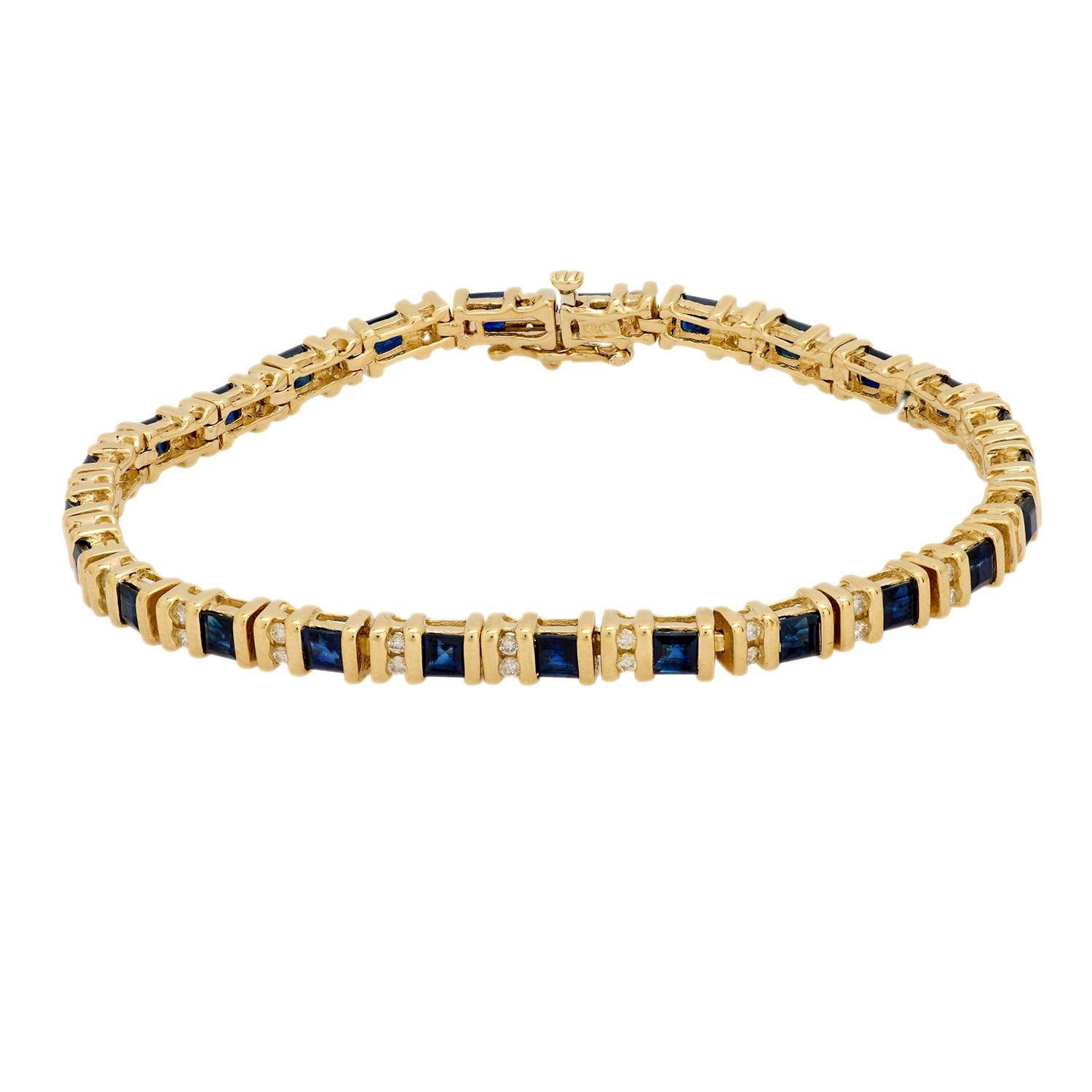 Pulsera de tenis vintage de oro amarillo de 14k con zafiro y diamante de 3 quilates Corte cuadrado