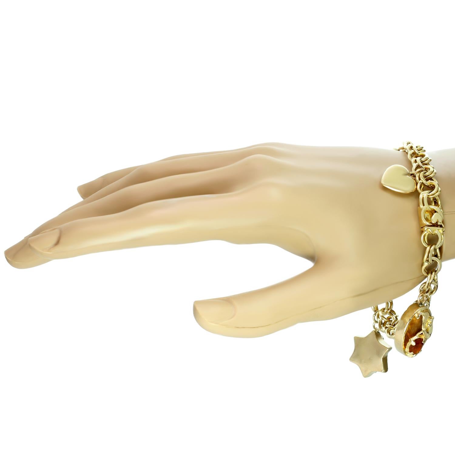 Taille ovale Vintage 3 Charm Gemstone Bracelet or jaune à maillons ouverts en vente