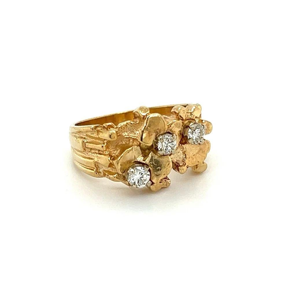 Simply Beautiful! Stylish Triple Diamond Cluster Nugget 12.5mm Gold Band Ring. Securely Hand set with 3 Brilliant-cut Diamonds weighing approx. 0.30tcw. Hand crafted in 14K Yellow Gold. Ring size 7.25, we offer ring resizing. The ring epitomizes