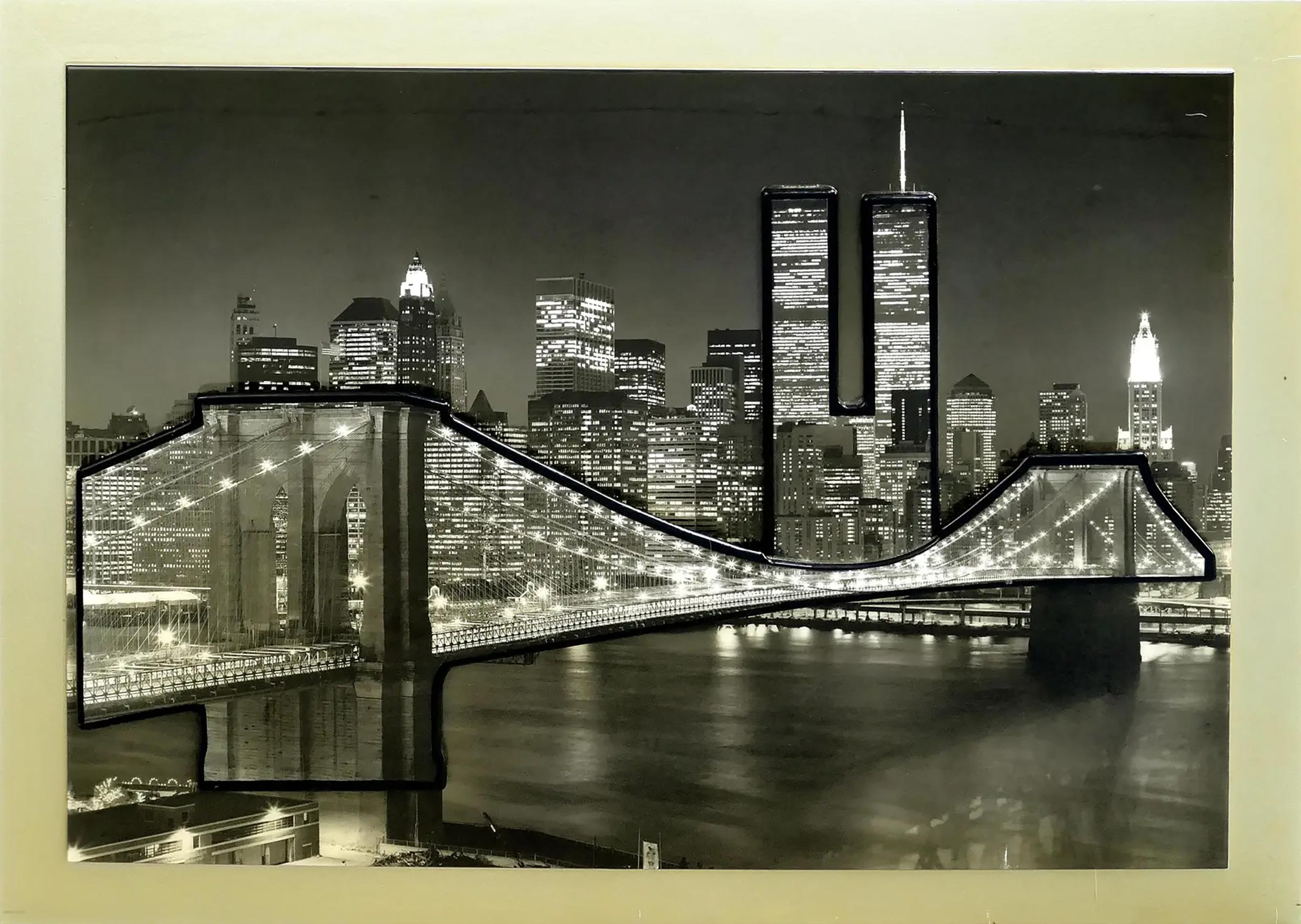 Vintage 3-dimensionale New Yorker Skyline-Fotografie in Vintage, Twin Towers, gerahmt  im Angebot 1
