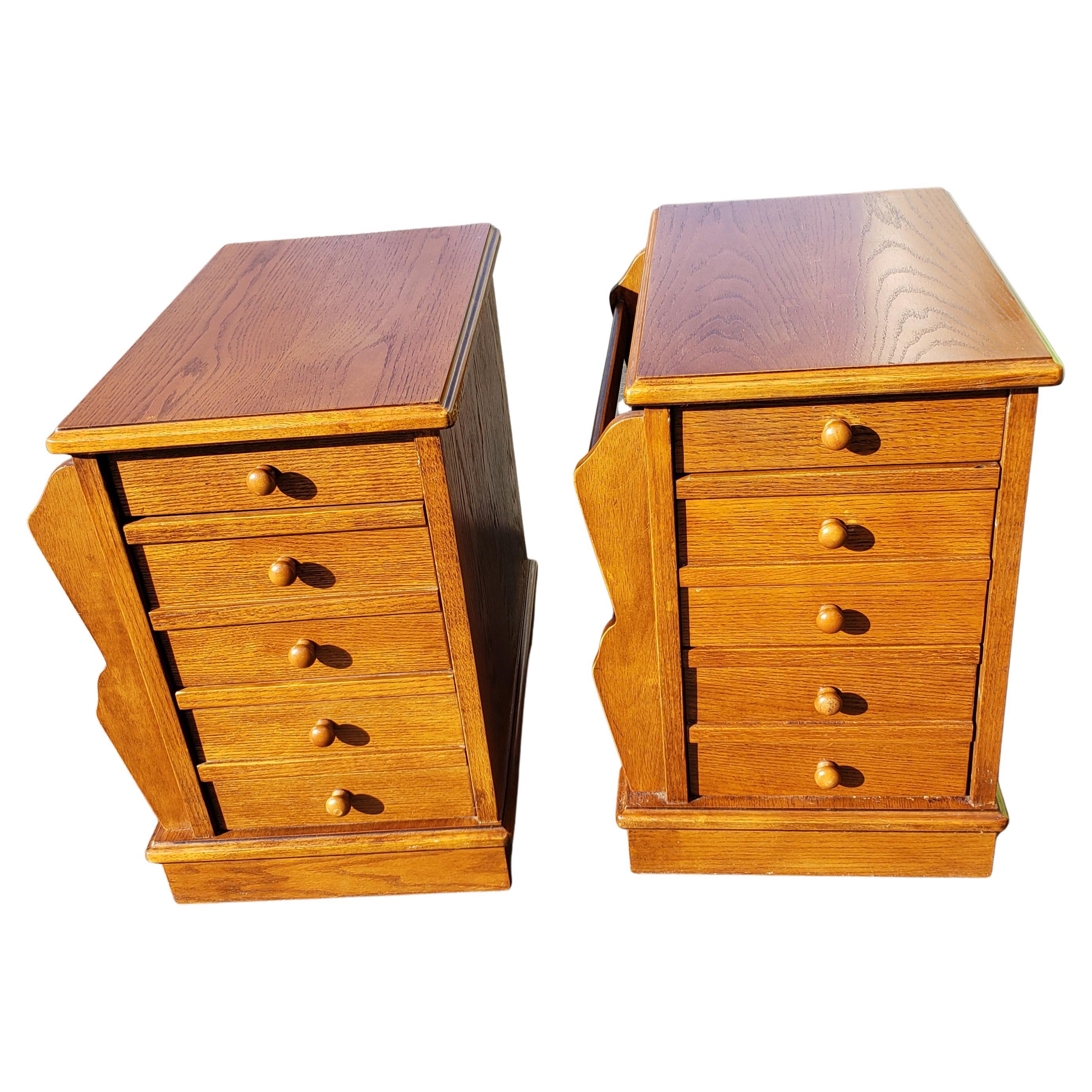 Vintage 3 Drawers Oak End Tables with Magazine Racks, a Pair For Sale