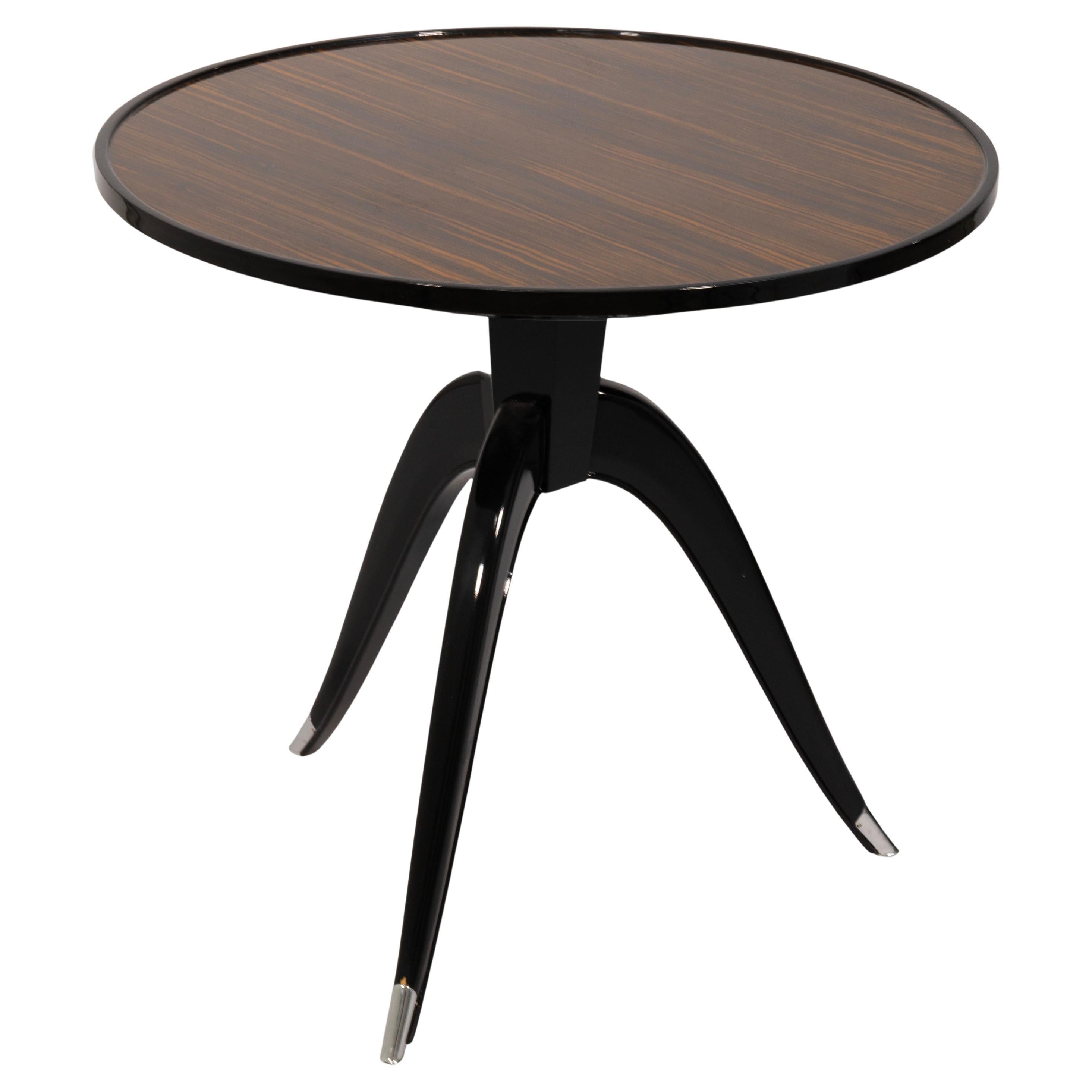 Vintage 3 Legged Macassar And Ebony Wood Side Table In The Style Of Ruhlman For Sale