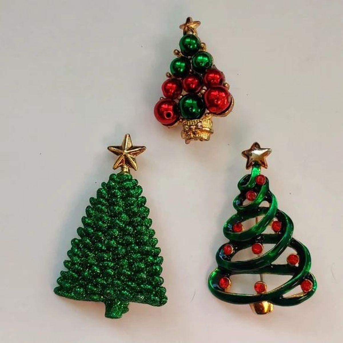Simply Beautiful! Three Vintage Classic Multi Design Red and Green Gold-tone Ornamental Christmas Tree Holiday Brooches. More Beautiful in Real time! Great for gift giving! A Must Have for a Special Someone…Including You! Enjoy the Holidays! 