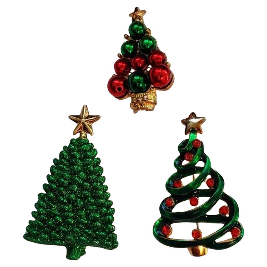 Vintage 3 Multi Design Ornamental Christmas Tree Holiday Brooches Pins For Sale