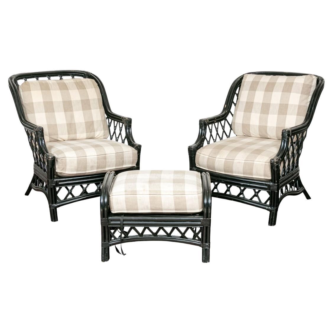3 Teile Vintage Lane Venture Schwarz lackiert Bambus & Rattan 2 Lounges & Ottomane