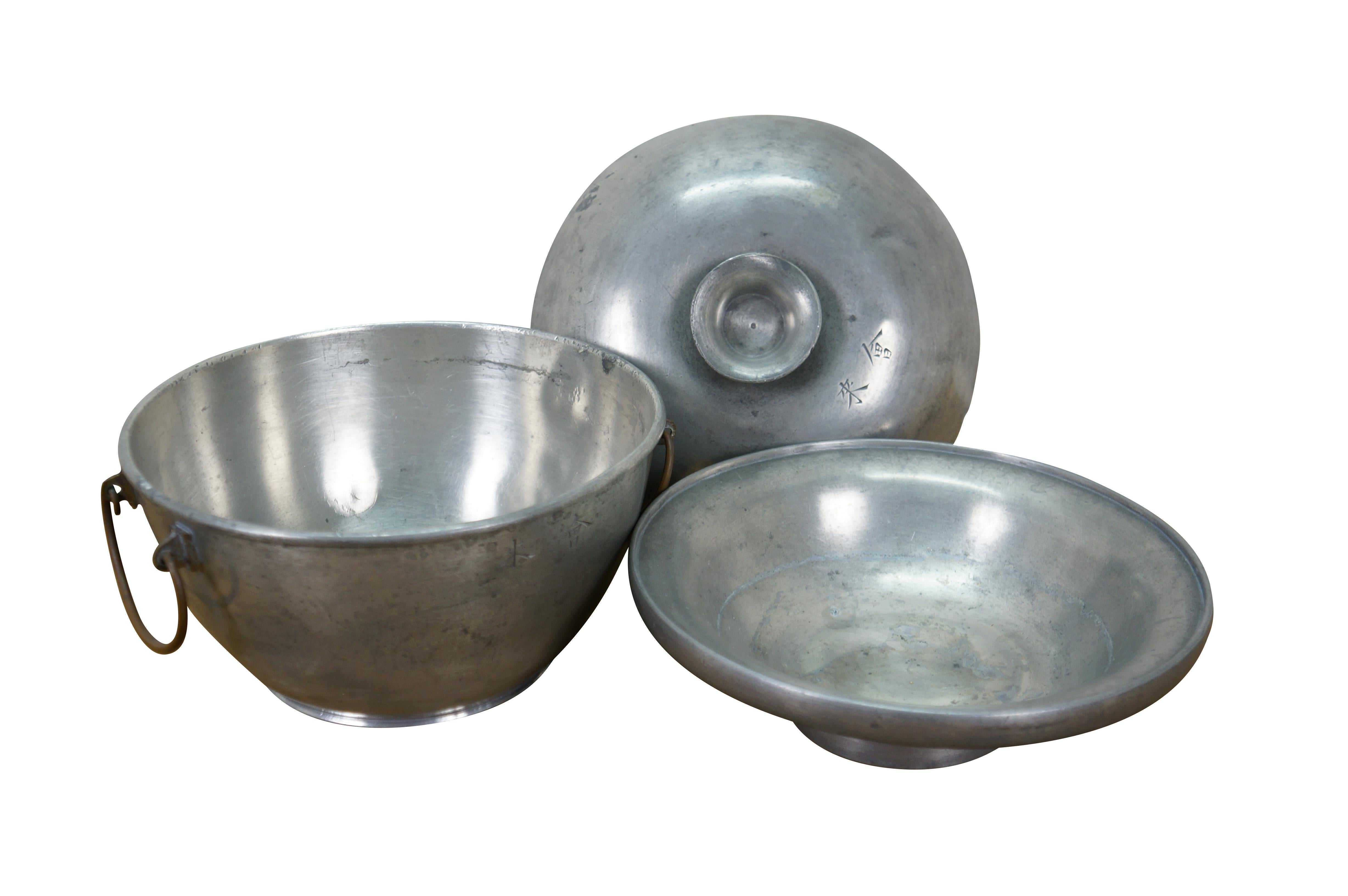 Chinoiserie Vintage 3 Piece Chinese Pewter Hot Pot Food Warmer Rice Server 8