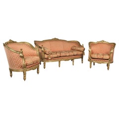 Suite décorative vintage de 3 pièces, française, dorée, canapé, fauteuil, style néo- Louis XV