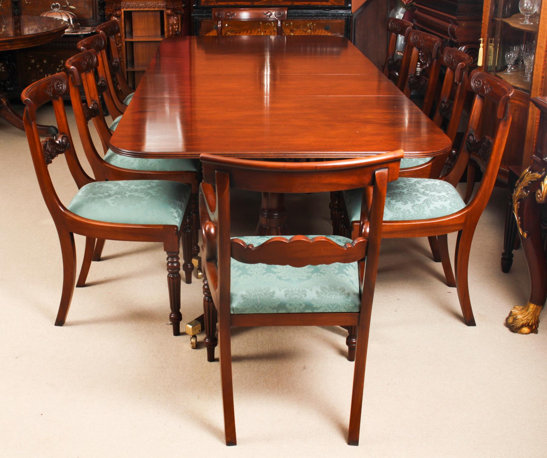 Regency Vintage 3 Pillar Dining Table by William Tillman & 10 Dining Chairs 20th C
