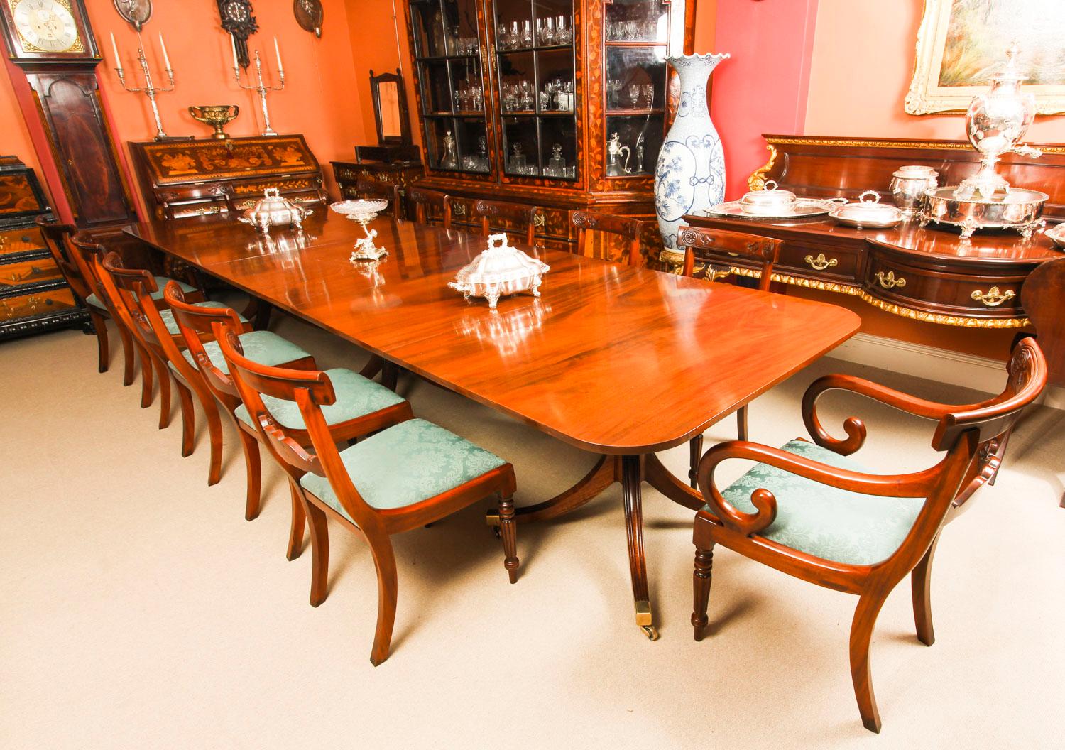 Regency Vintage 3 Pillar Dining Table by William Tillman & 12 dining chairs 20th C
