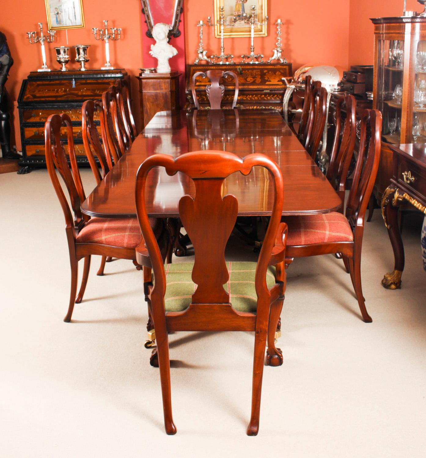 Regency Revival Vintage 3 Pillar Dining Table by William Tillman & 12 Dining Chairs 20th C