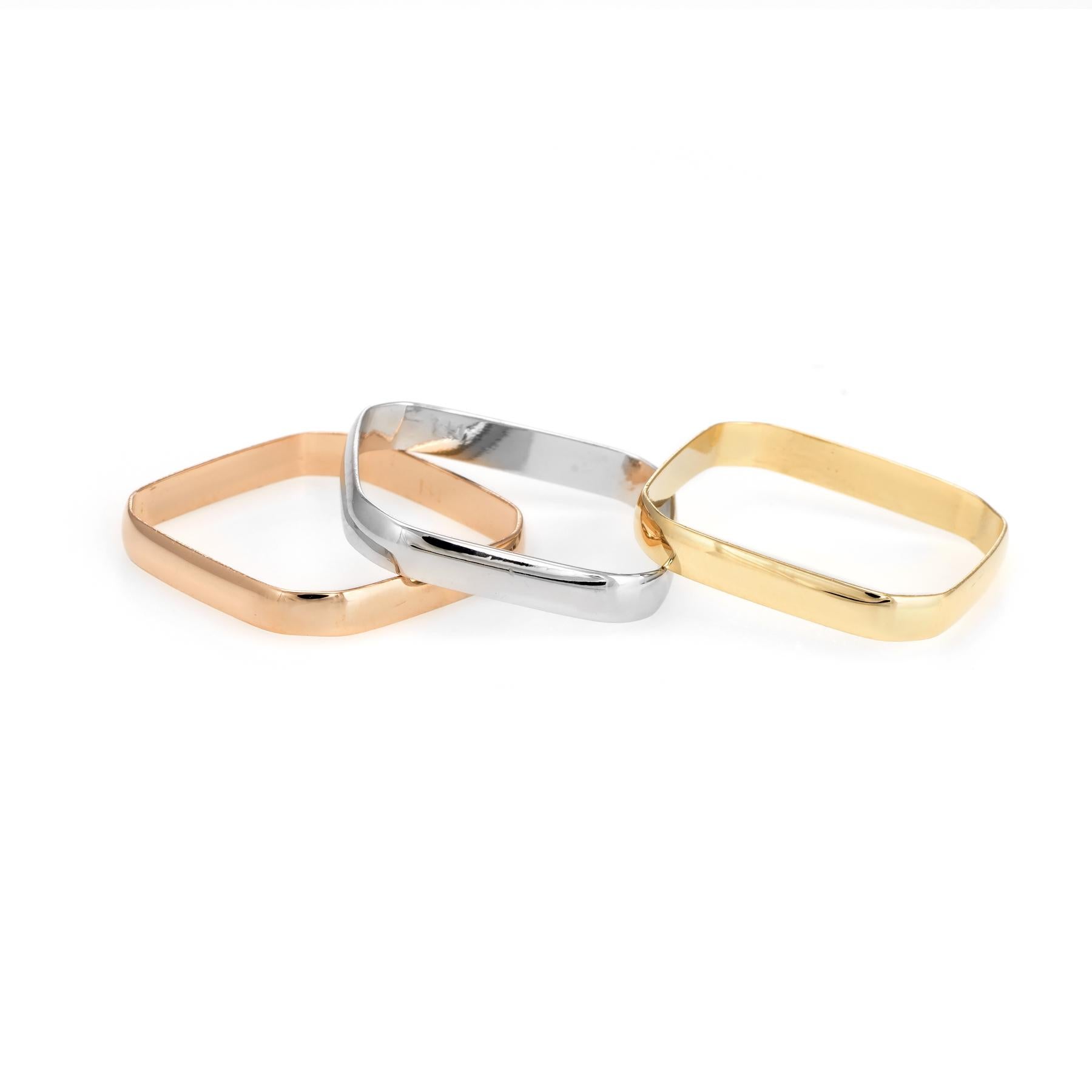 Distinct & stylish set of 3 square stacking rings, crafted in 18 karat yellow, rose and white gold. 

The set of 3 square bands can be worn alone, as a pair or as 3 rings stacked together. The square design is a unique and stylish look. Also great