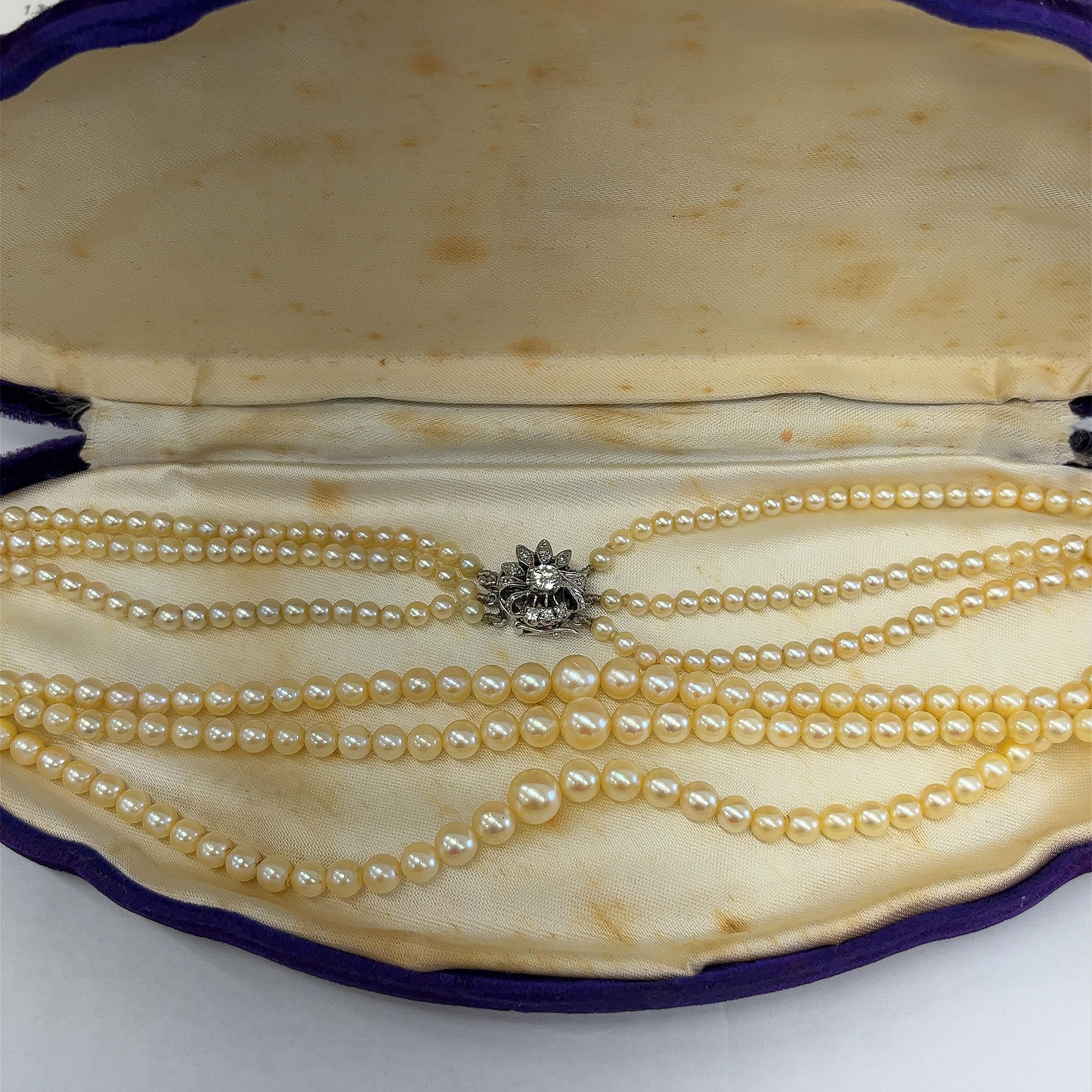 Vintage 3 Row 7.3mm-3.55m Graduated Cultured Pearl Necklace With Diamond Clasp In Good Condition For Sale In London, GB