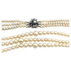 Collier vintage à 3 rangs de perles de culture graduées de 7,3 mm à 3,55 m avec fermoir en diamant
