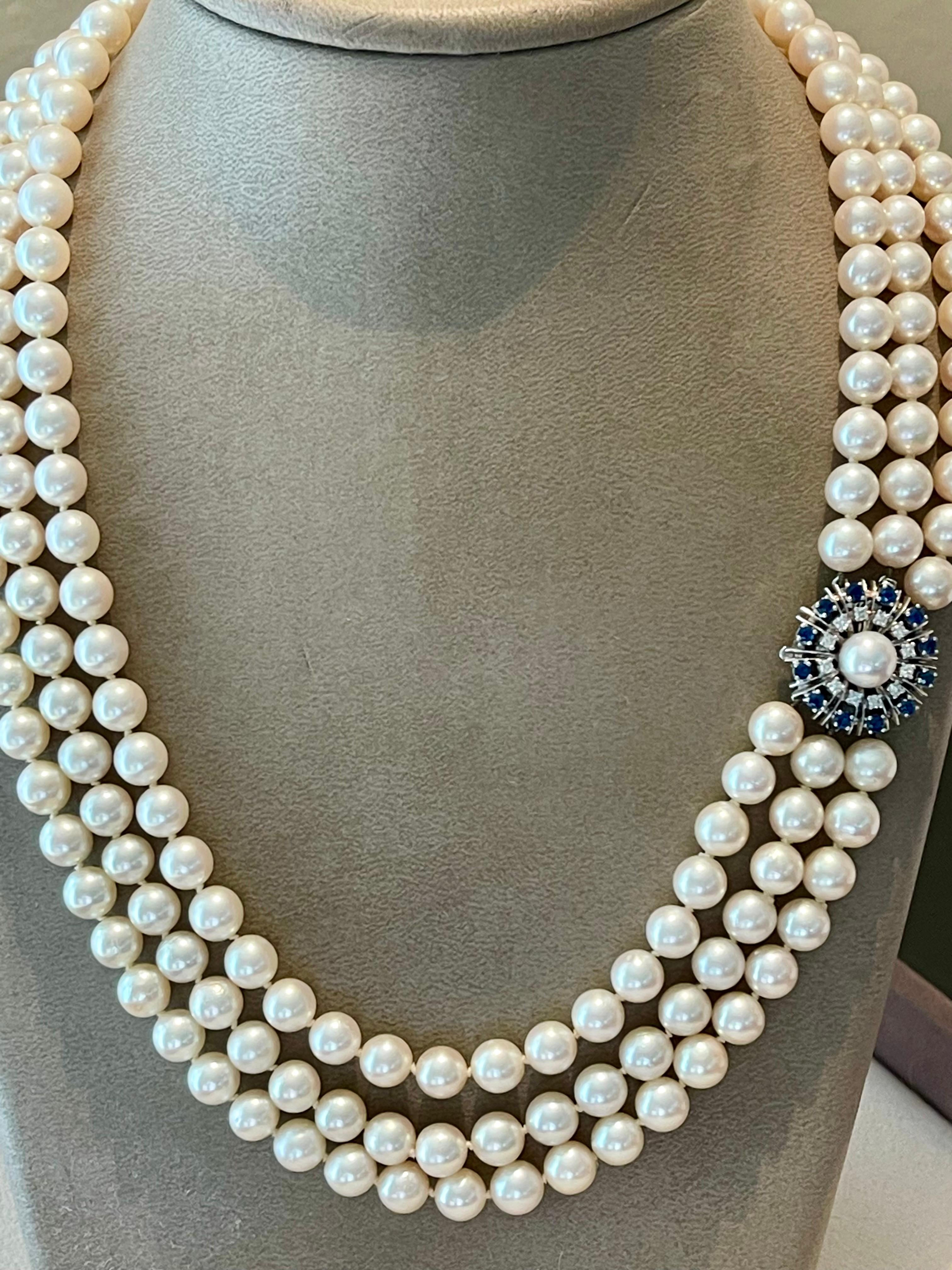 Contemporary Vintage 3 row Akoya long Necklace 18 white Gold Sapphire Diamond clasp