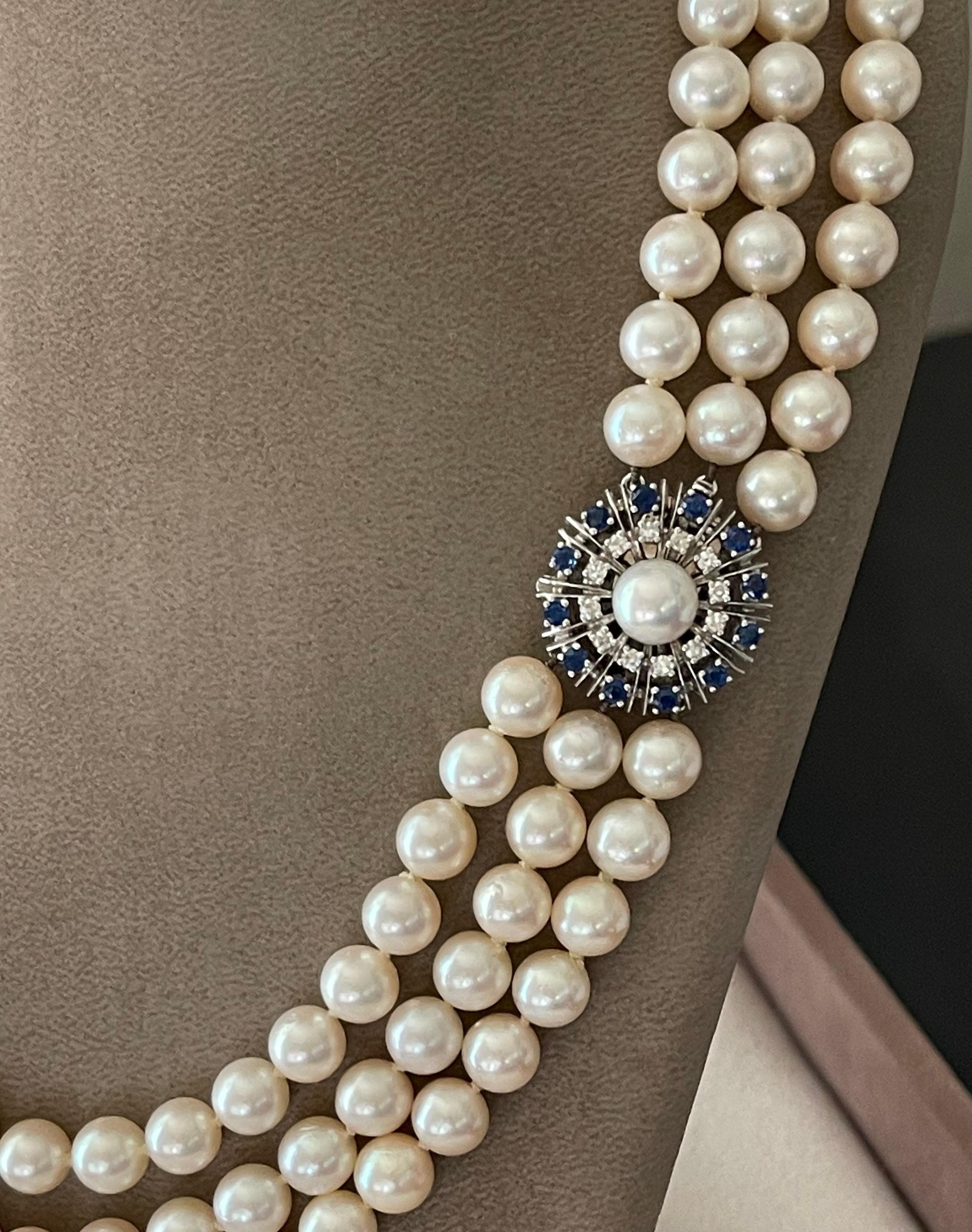 Brilliant Cut Vintage 3 row Akoya long Necklace 18 white Gold Sapphire Diamond clasp