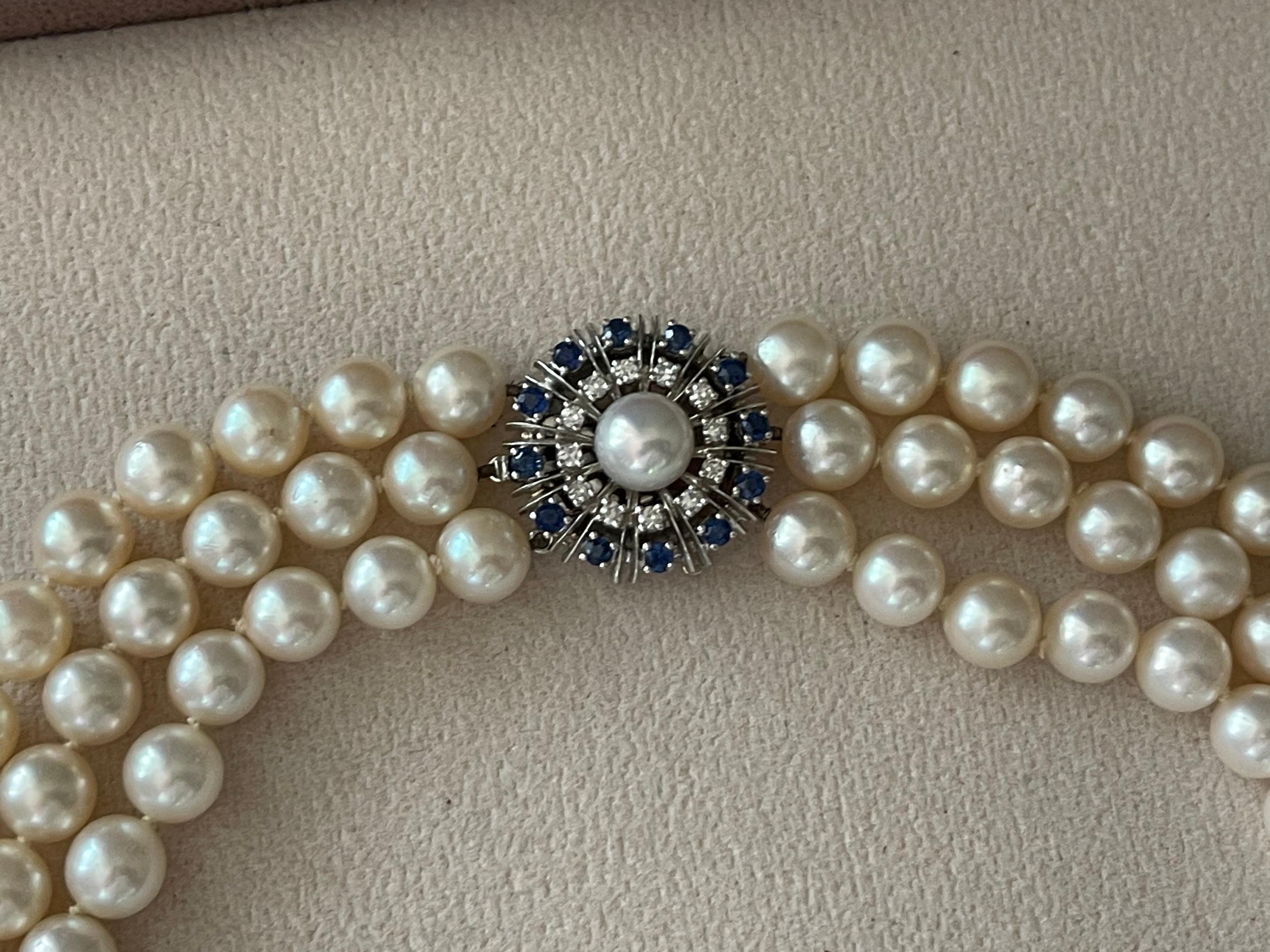 Women's Vintage 3 row Akoya long Necklace 18 white Gold Sapphire Diamond clasp