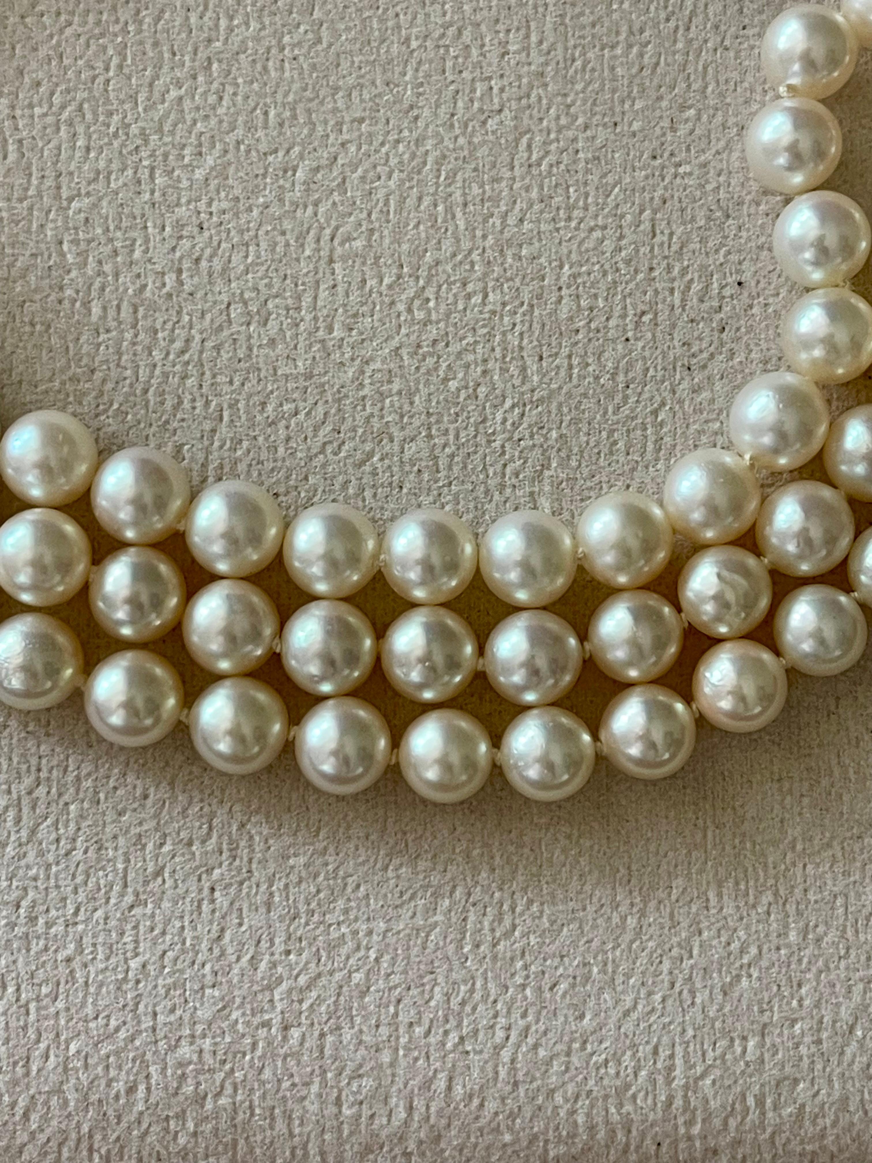 Vintage 3 row Akoya long Necklace 18 white Gold Sapphire Diamond clasp 1