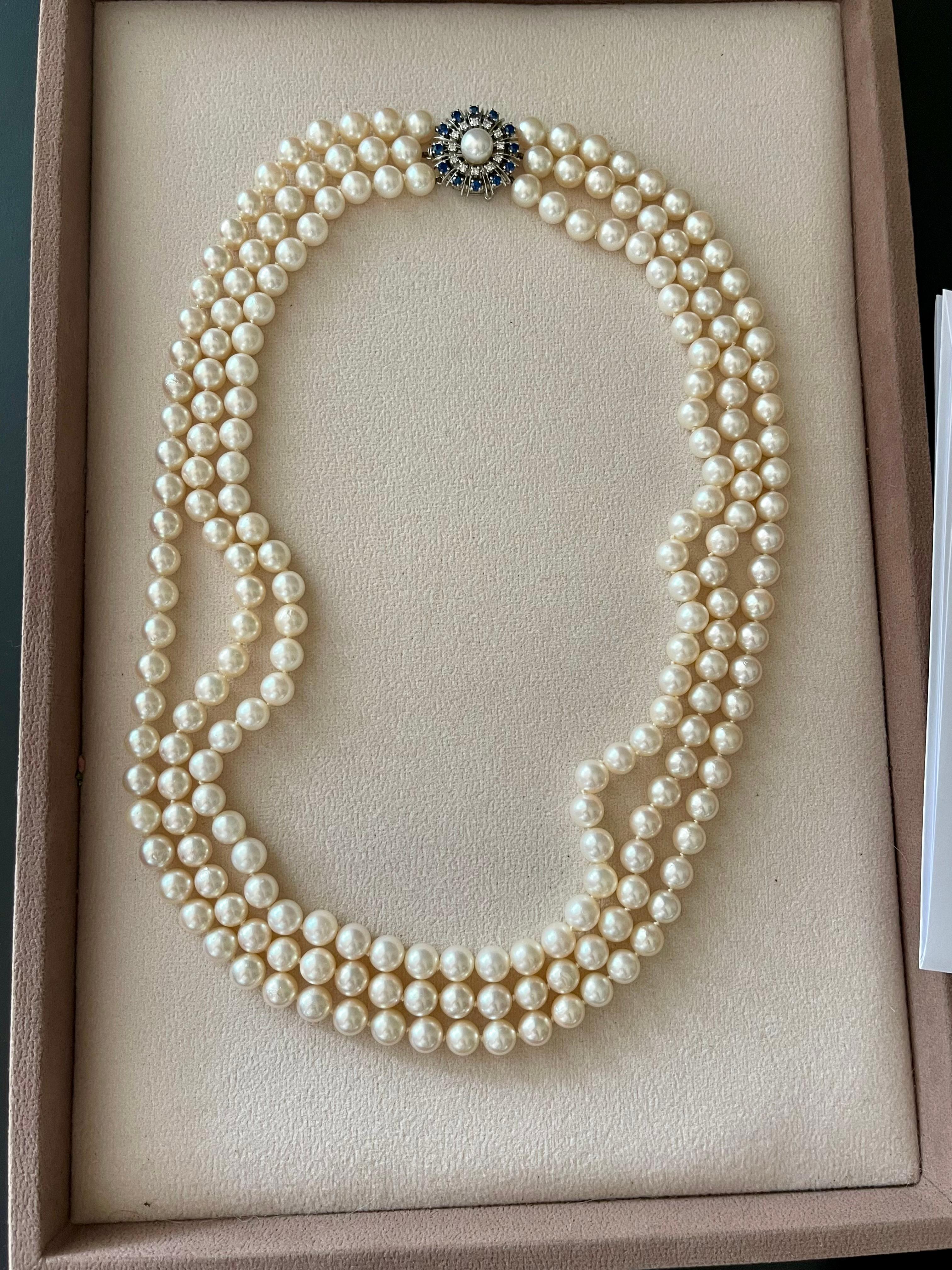Vintage 3 row Akoya long Necklace 18 white Gold Sapphire Diamond clasp 2